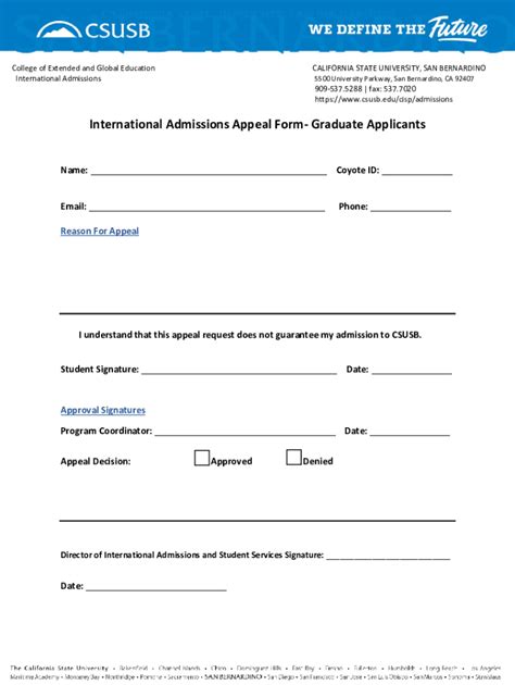 Fillable Online International Admissions Appeal Form San Bernardino