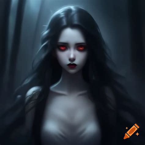 Mature Goth Anime Ghost Woman In White Dress With Black Hair And Red