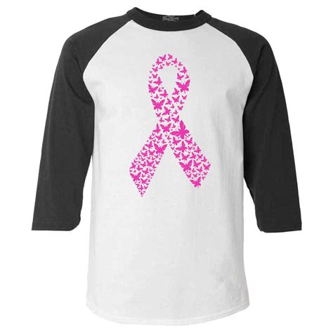 Shop4ever Mens Pink Butterfly Ribbon Breast Cancer Awareness Raglan