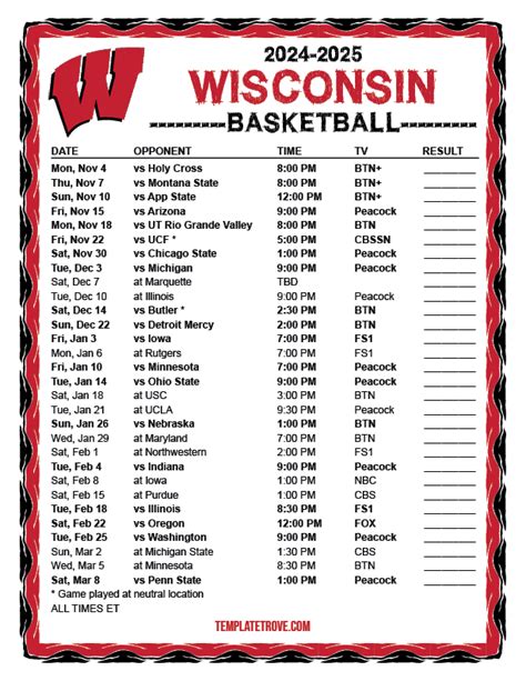 Printable 2024-2025 Wisconsin Badgers Basketball Schedule