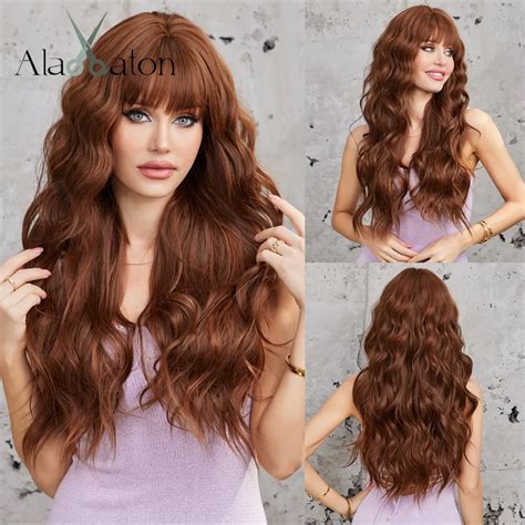 Alan Eaton Long Wavy Brown Wig With Bangs Curly Synthetic Wigs For