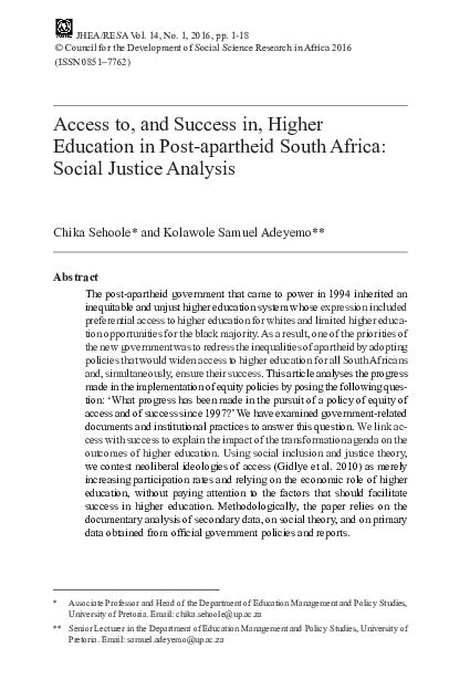 Pdf Access To And Success In Higher Education In Post Apartheid South Africa Social Justice