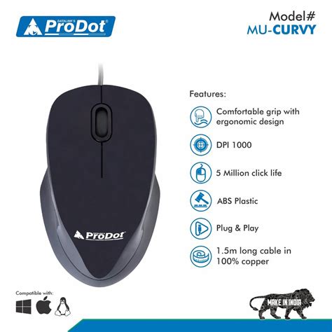 Prodot Curvy Mouse Made In India Usb Wired Optical Mouse Pc Black