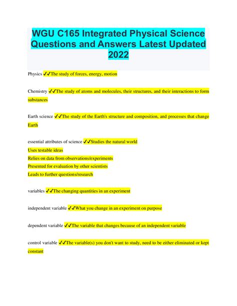 WGU C165 Integrated Physical Science Questions And Answers Latest