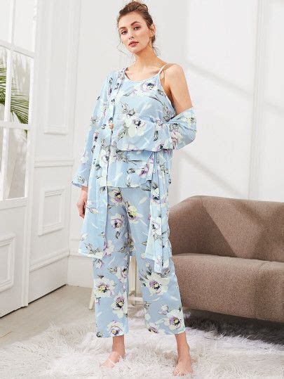 Floral Print Cami Pajama Set With Robe Cami Pajama Sets Fashion