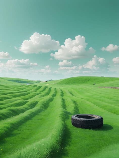 Premium Ai Image Landscape Green Field With Tire Marks And Clouds A