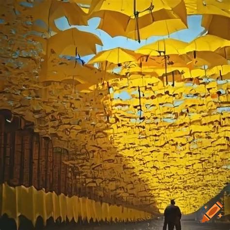 Hundreds Of Yellow Umbrellas Under A Rainy Sky On Craiyon