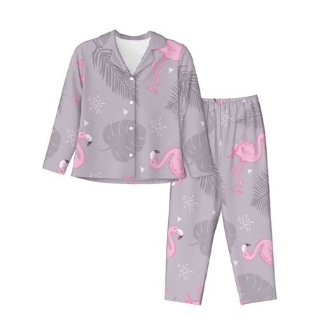 Junzan Pink Flamingo Print Womens Pajama Setslong Sleeve Button Down