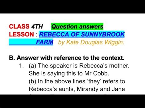 Part 1 Class 4 English Rebecca Of Sunnybrook Farm Question Answers