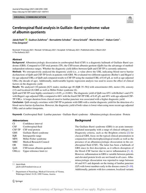 (PDF) Cerebrospinal fluid analysis in Guillain–Barré syndrome: value of ...