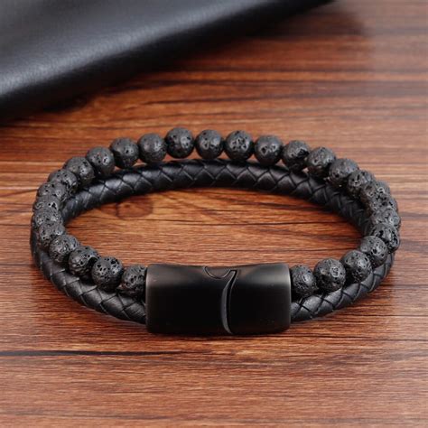 Pulsera de piedra volcánica de lava natural hombre cuero negro Etsy