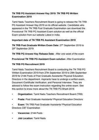 TN TRB PG Assistant Answer Key 2019 By Latest In India Issuu