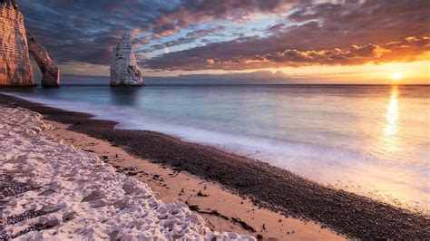 Wallpaper Sunlight Sunset Sea Bay Rock Shore Sand Reflection