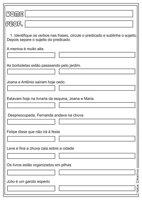 Atividades Sujeito E Predicado Ensino Fundamental Sujeito E Predicado