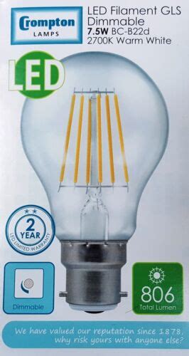 Pack Of 2 5 10 7 5w Bc B22 Filament Gls Led Crompton 4207 Warm White