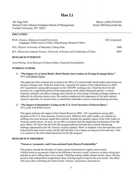 Resume Template Johnson Graduate School Of Management