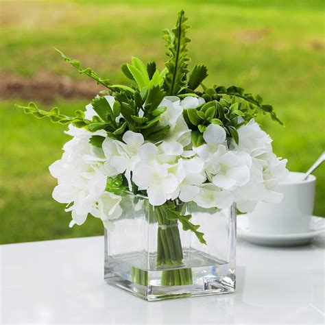 Enova Home Artificial Flowers Silk Cream Hydrangea Mixed Greenery Fake Flowers Arrangement In