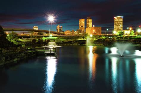 Night Tulsa Skyline Centennial Park Reflections Photograph By Gregory