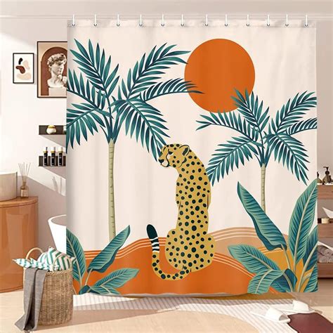 Boho Leopard Shower Curtain Mid Century Modern Abstract Sun Moon Cute