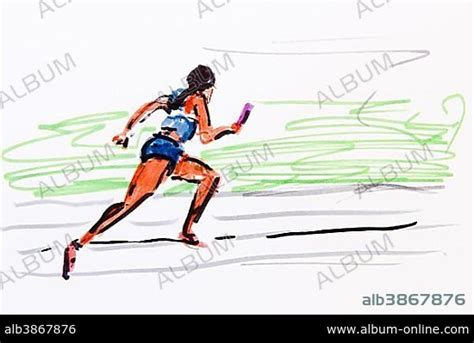 Relay race, track and field athletics, drawing by the artist Gerhard Kraus, Kriftel ...