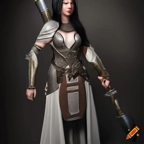 Fantasy Woman Cleric With Black Hair Mace And Shield On Craiyon