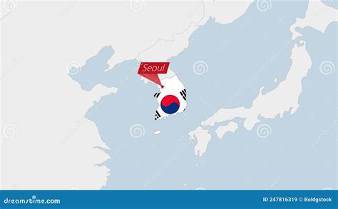 South Korea Map Highlighted In South Korea Flag Colors And Pin Of