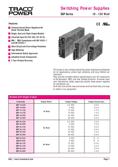 Esp S Datasheet Pdf Traco Electronic Ag