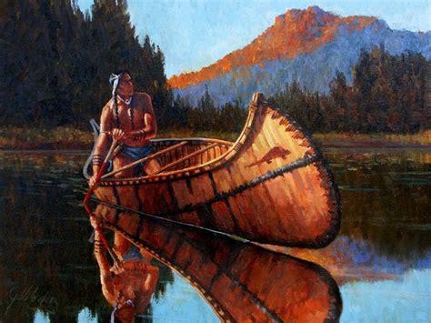 a painting of a man in a canoe on the water