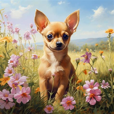 Premium Ai Image Painting Of A Chihuahua Dog Sitting In A Field Of