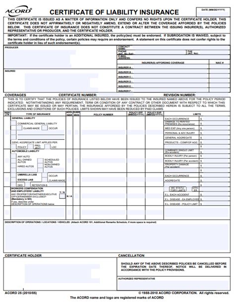 Acord Certificate Of Liability Insurance Template