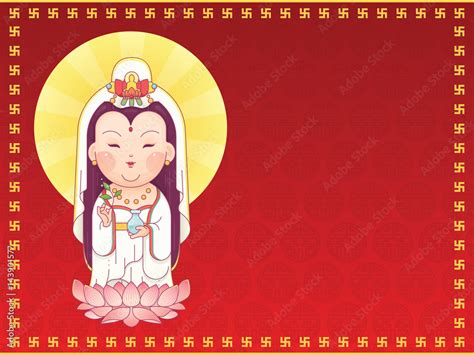 Vector Illustration Of Guanyin The Goddess Of Mercy Standing On Lotus