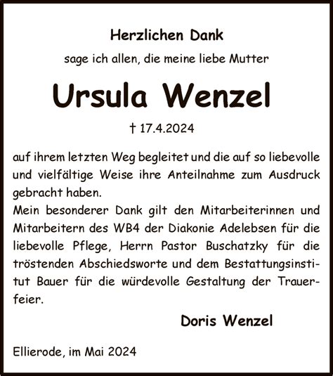 Traueranzeigen Von Ursula Wenzel Trauer Hna De