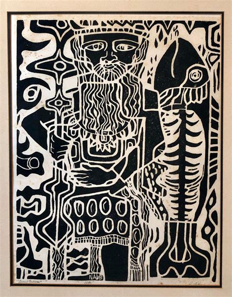 Paul Nabb Ancient Fisherman Mid Century Modernist Woodblock Print