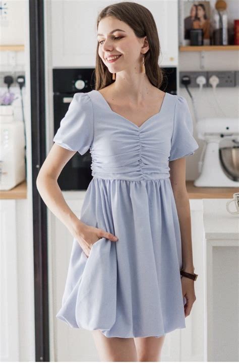 ACW Ruch Detail Bubble Hem Babydoll Dress In Sky Blue Women S Fashion