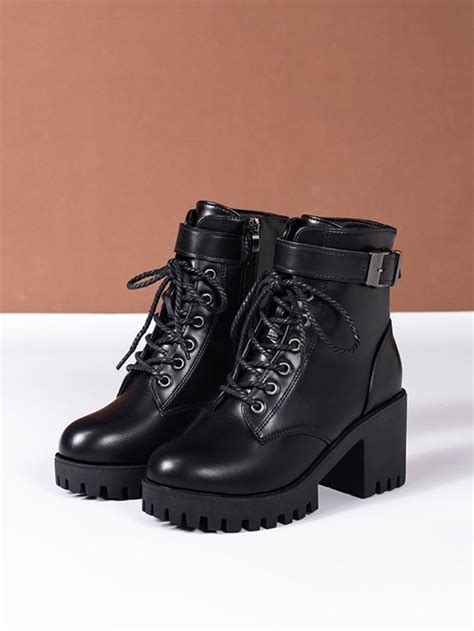 Women Buckle Decor Lace Up Front Zipper Side Platform Combat Boots