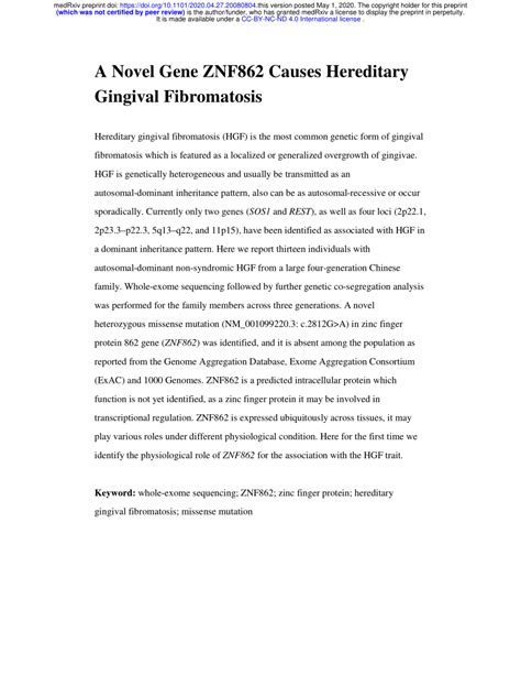 (PDF) A Novel Gene ZNF862 Causes Hereditary Gingival Fibromatosis