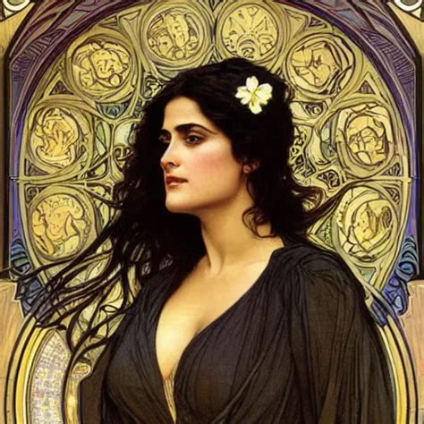 Detailed Portrait Art Nouveau Painting Of Salma Hayek Stable