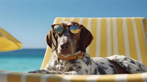 Um Cachorro Usando Culos Escuros E Deitado Em Uma Cadeira De Praia