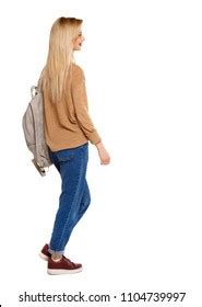 Back View Walking Woman Backpack Backside Stock Photo