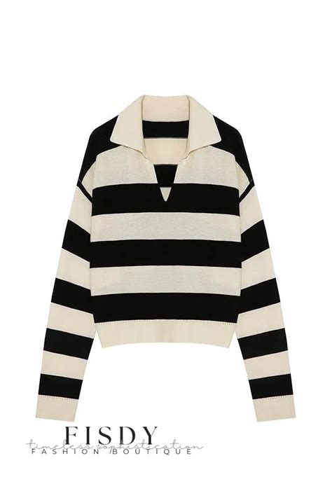 Fisdy Stylish And Relaxed Drop Shoulder Striped Knit Sweater