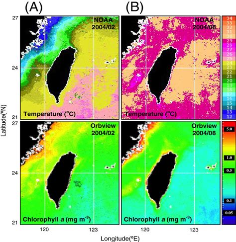 Satellite Images Of Sea Surface Temperature Sst C And Seawifs