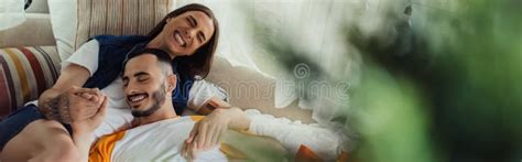 Smiling And Tattooed Gay Man Hugging Stock Image Image Of Cheerful Laugh