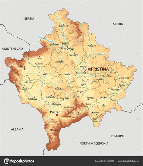 Sehr Detaillierte Kosovo Landkarte Mit Beschriftung Stock Vektorgrafik