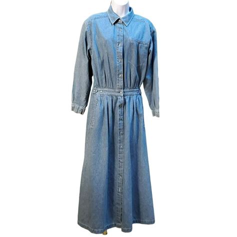 Vintage Fads Denim Button Up 1990s Womens Retro Long Sleeve Dress Size