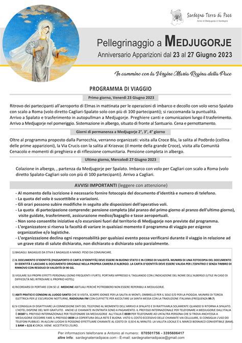 Programma Pellegrinaggio Medjugorje Anniversario 2023 Sardegna Terra