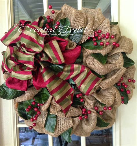 Created Twists Burlap Christmas Wreaths With Magnolia Leaves And Berries