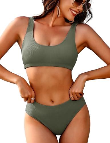 Ai Mage Women Ribbed Bikini Sets Sporty Swimsuits Scoop Neck Two Piece