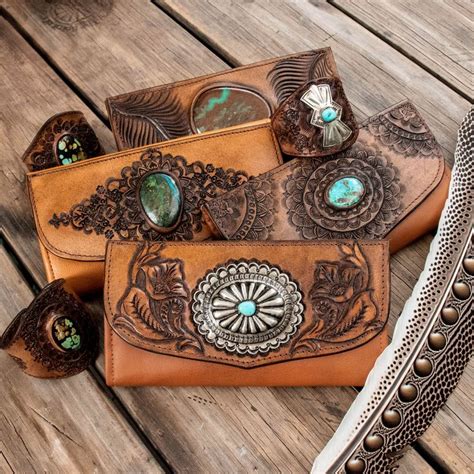 Hand Tooled Leather Wallets Bracelets Featuring Handpicked Turquoise