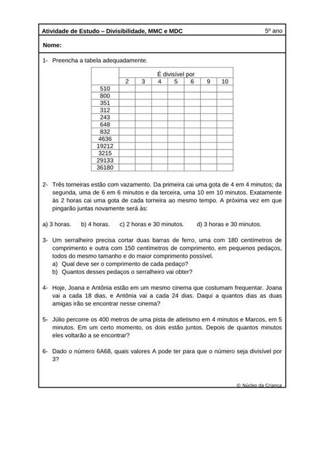 Pdf Atividade De Estudo Divisibilidade Mmc E Mdc Ano Ano