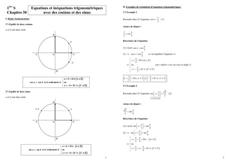 1ère S Cours équations et inéquations trigonométriques